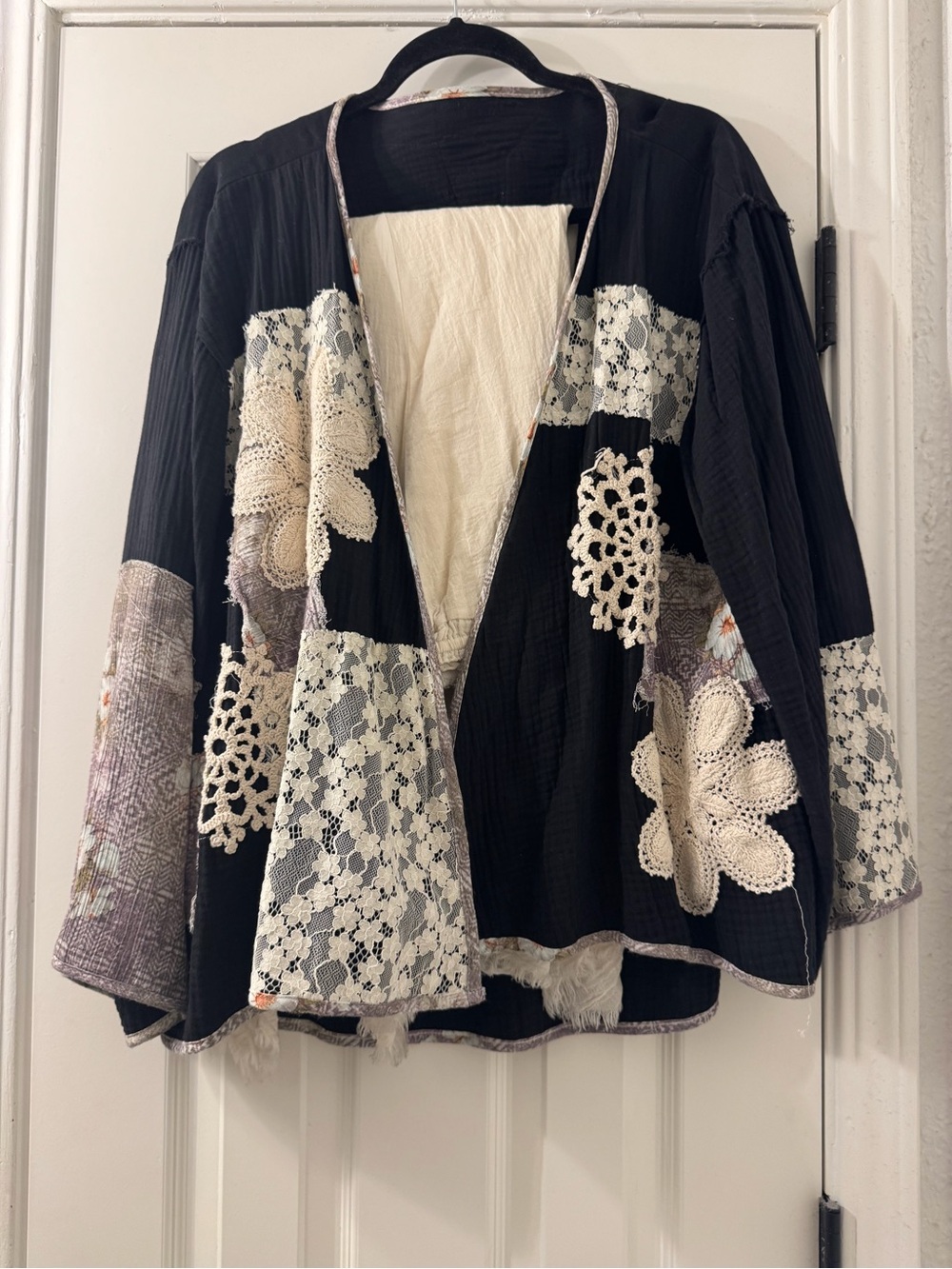 Black Lace-Accent Open Front Women's Sweater Jacket
